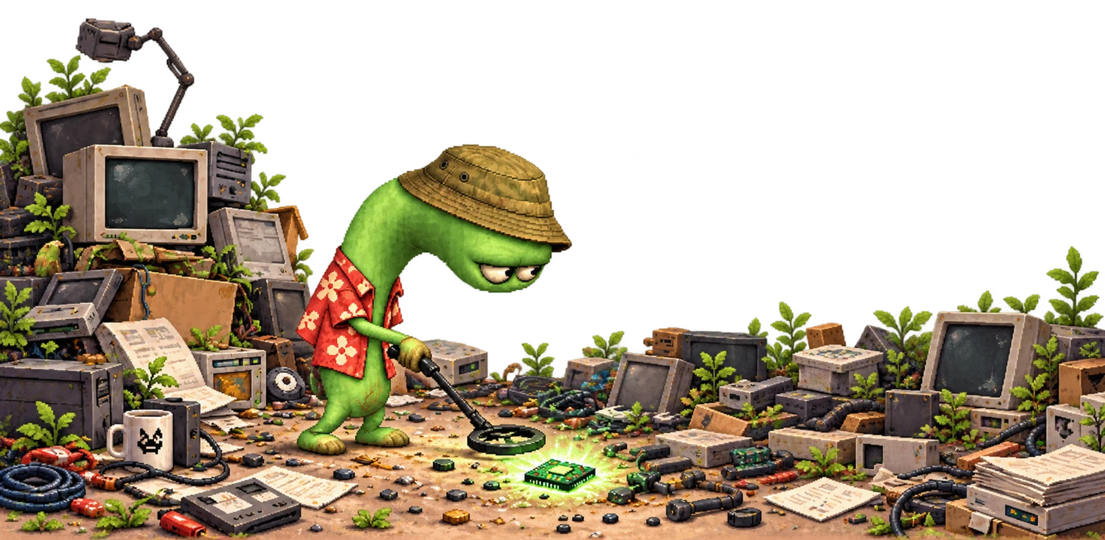 Hubie searches a mountain of forgotten technology and uncovers a glowing green chip.